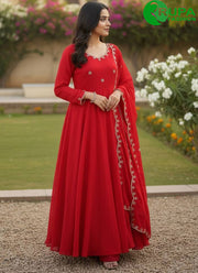 Beautiful Red Color Vichitra Silk Designer Party Wear Gown